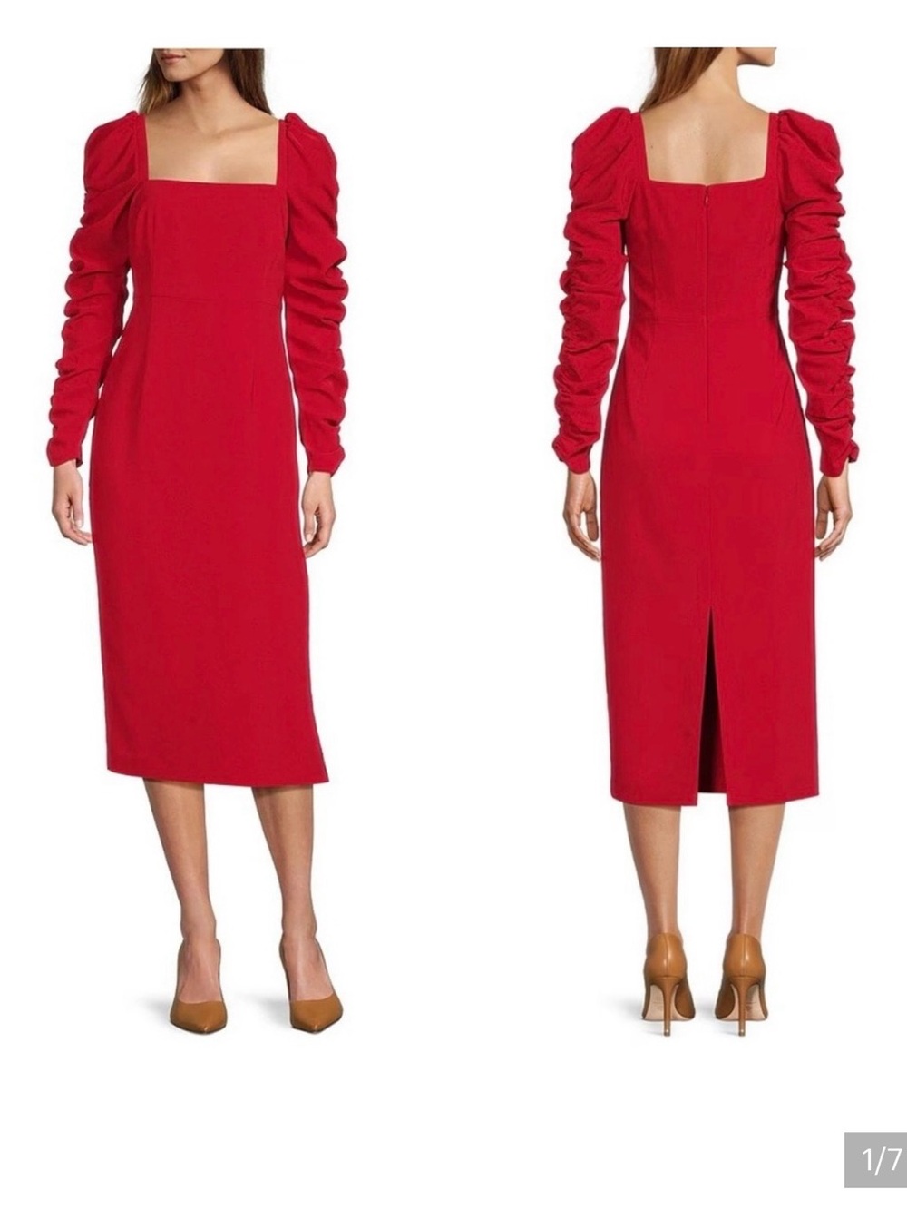 ANTONIO MELANI Red Square-Neck Ruched-Sleeve Midi Dress